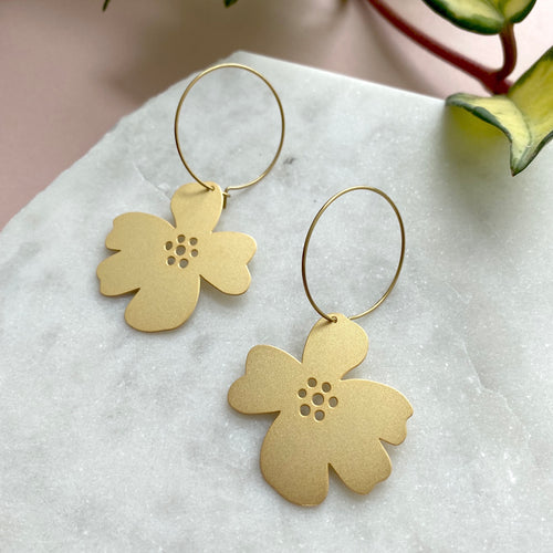 Gold Flower Blossom Hoop Earrings