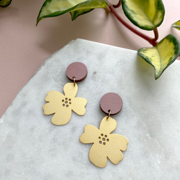 Gold & Pink Statement Flower Drop Stud Earrings