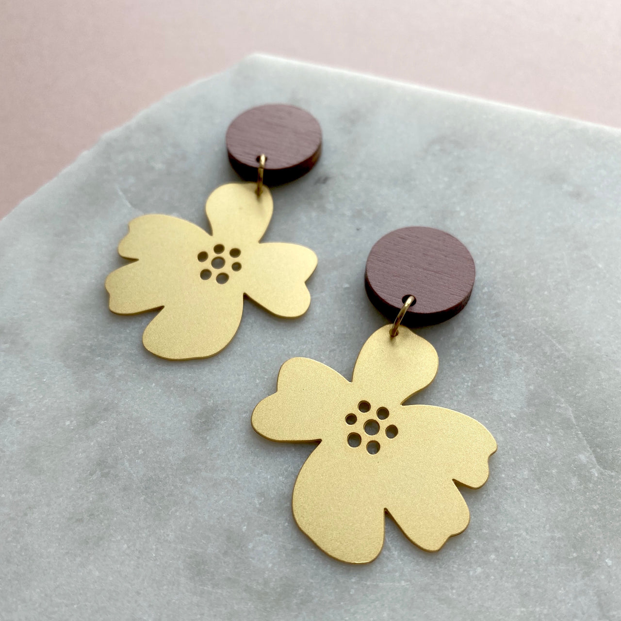 Gold & Pink Statement Flower Drop Stud Earrings