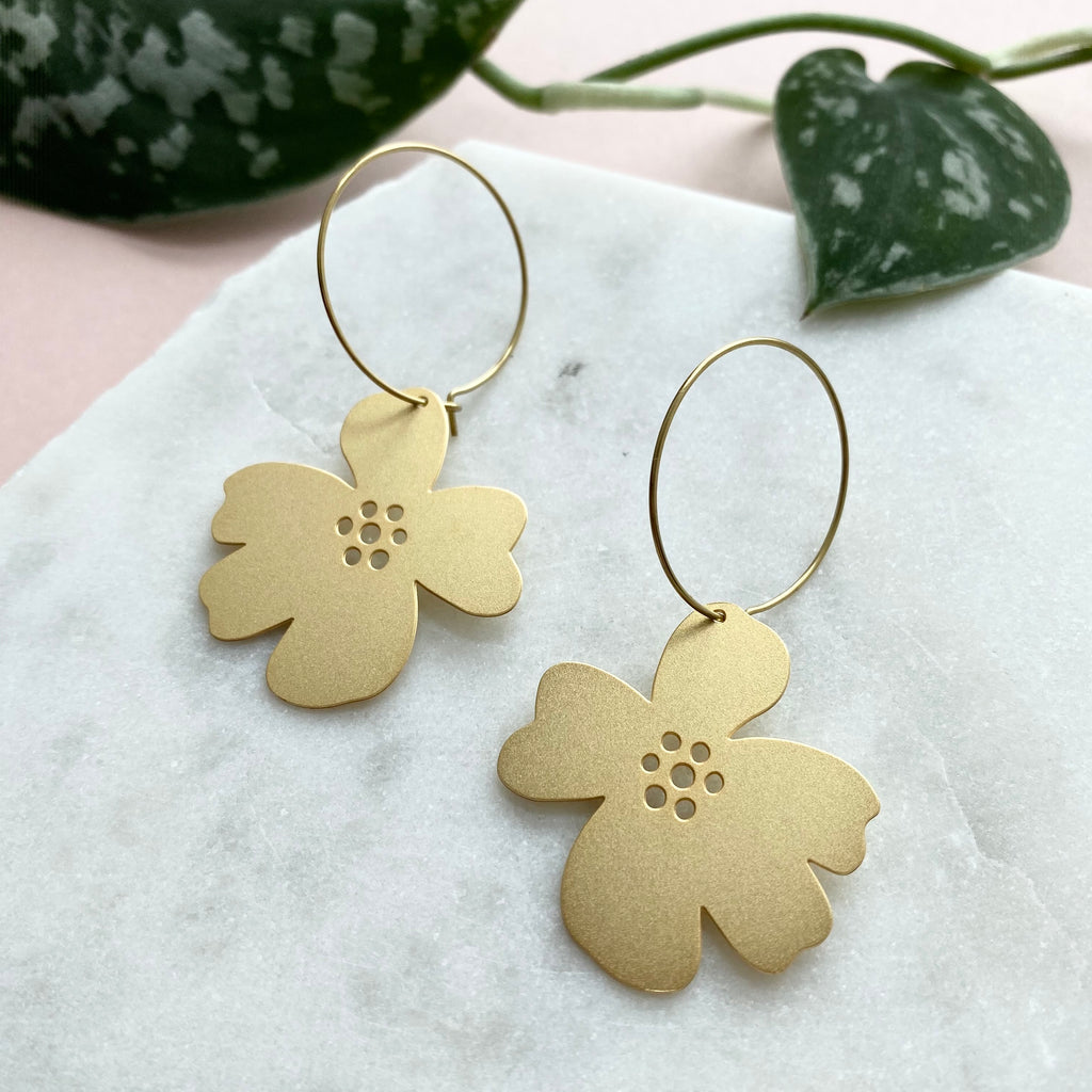 Gold Flower Blossom Hoop Earrings