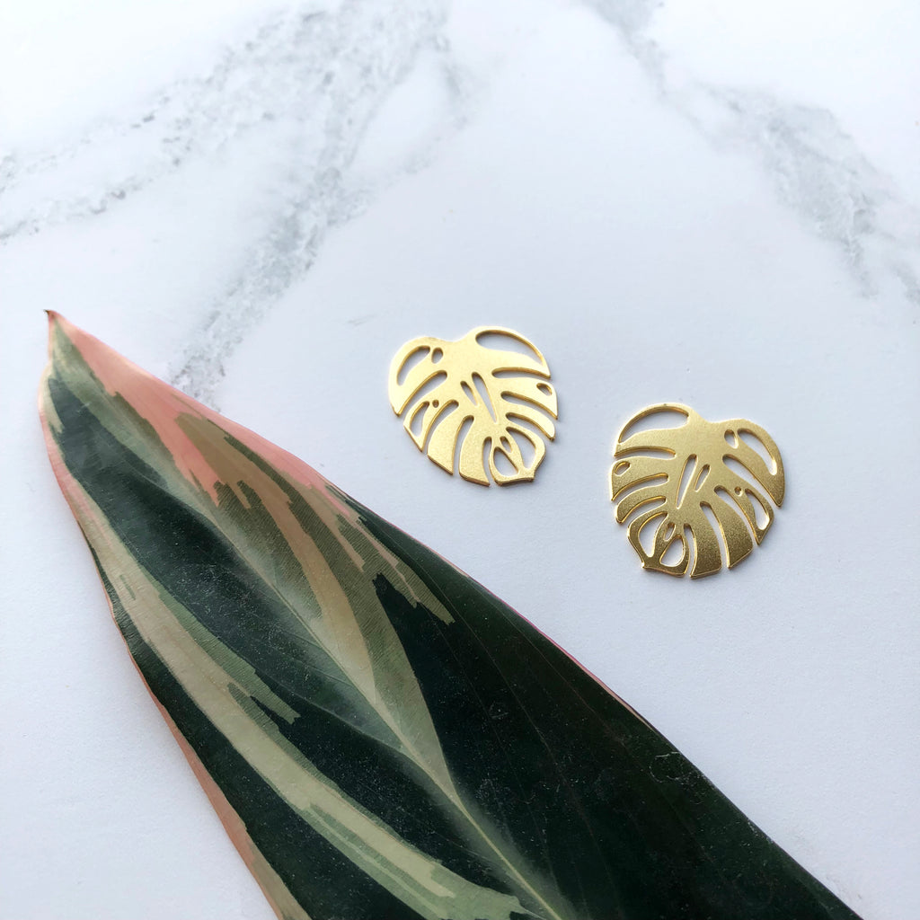 Gold Monstera Stud Earrings