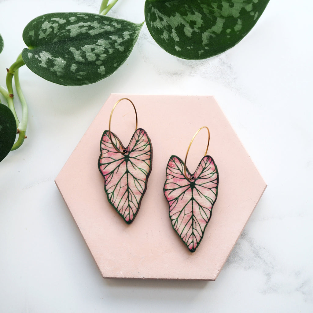 Pink Caladium Hoop Earrings