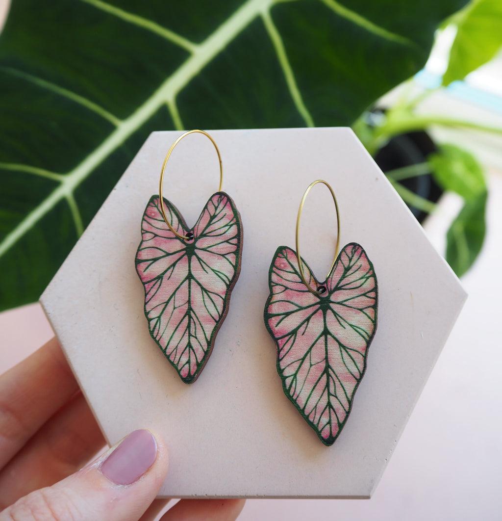Pink Caladium Hoop Earrings