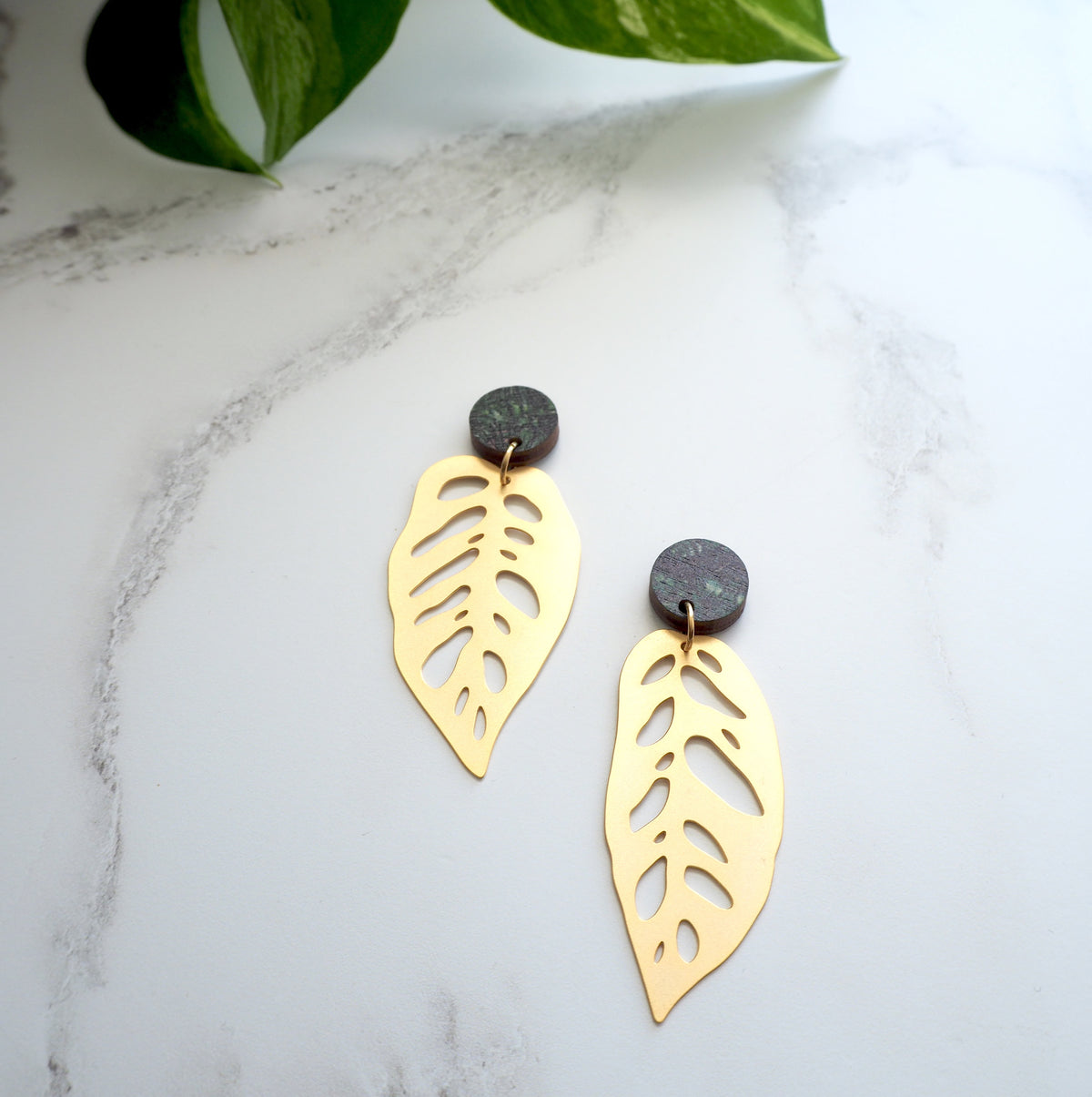 Gold Monstera Drop Earrings - Monstera Obliqua Earrings