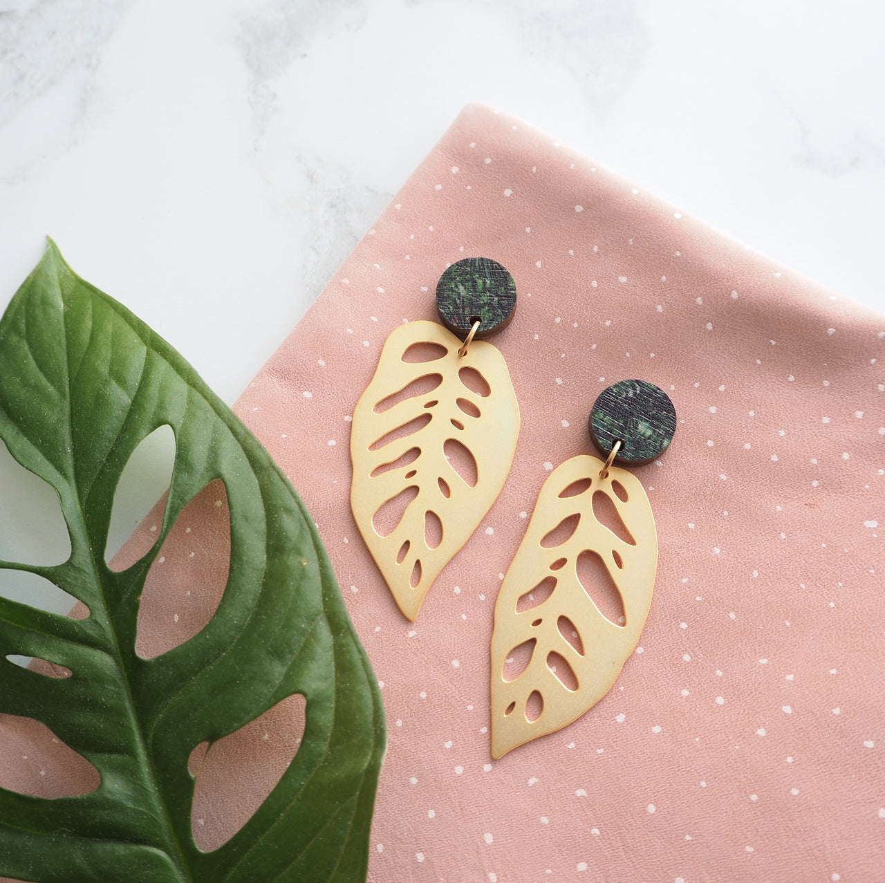 Gold Monstera Drop Earrings - Monstera Obliqua Earrings