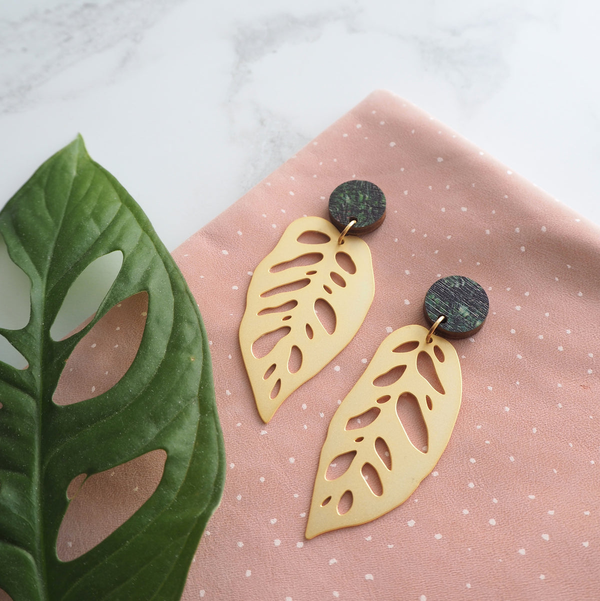Gold Monstera Drop Earrings - Monstera Obliqua Earrings
