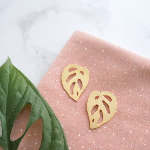 Gold Monstera Stud Earrings - Monstera Obliqua Earrings