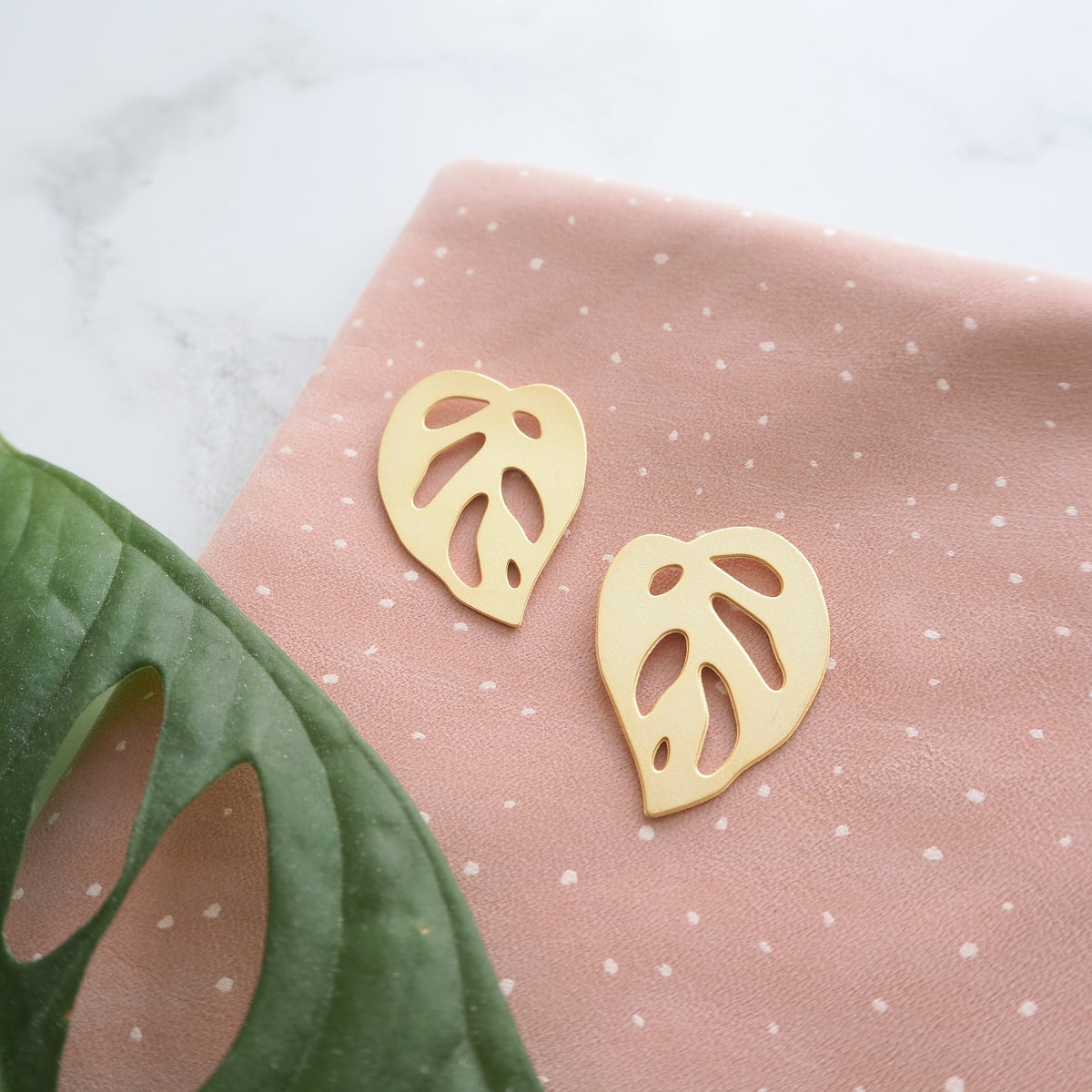 Gold Monstera Stud Earrings - Monstera Obliqua Earrings