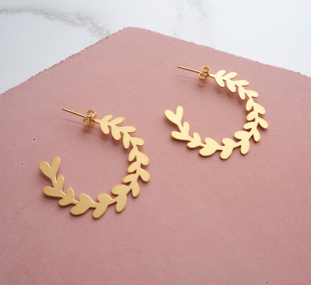 Gold Branch Leaf Hoop Studs