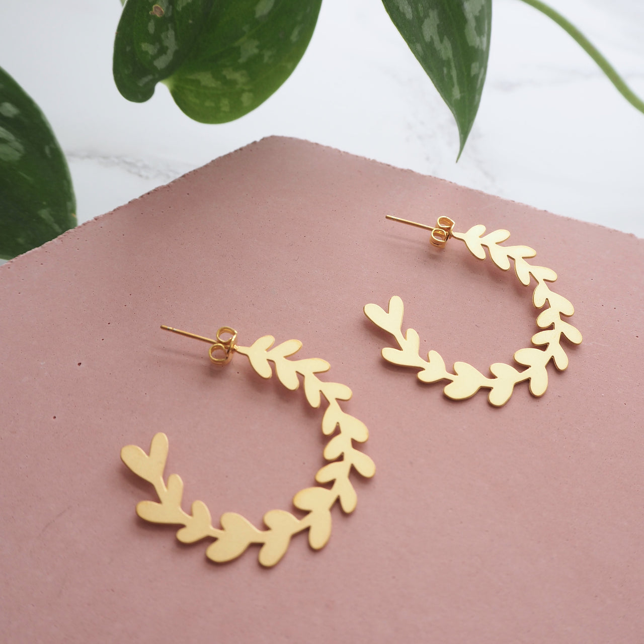 Gold Branch Leaf Hoop Studs