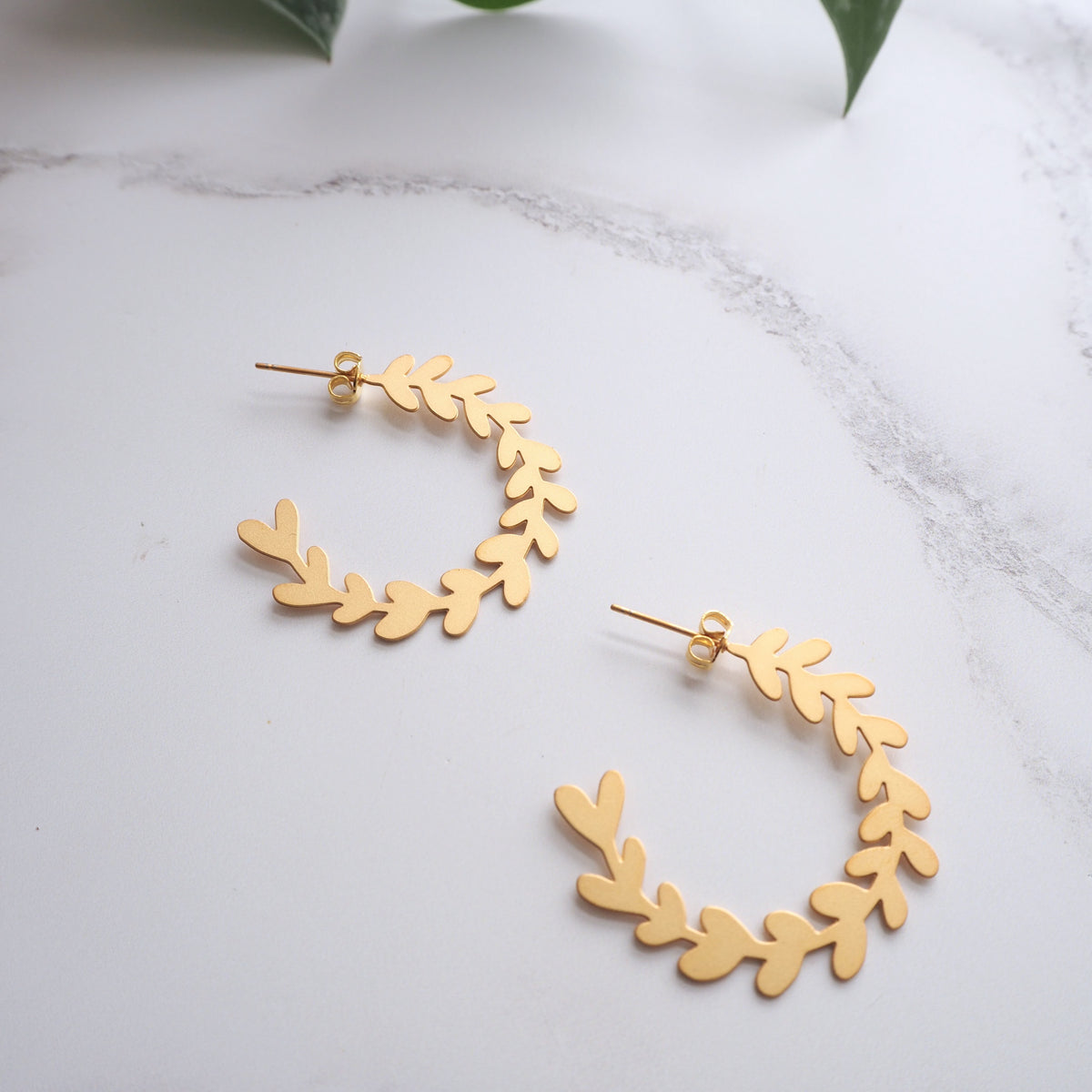 Gold Branch Leaf Hoop Studs