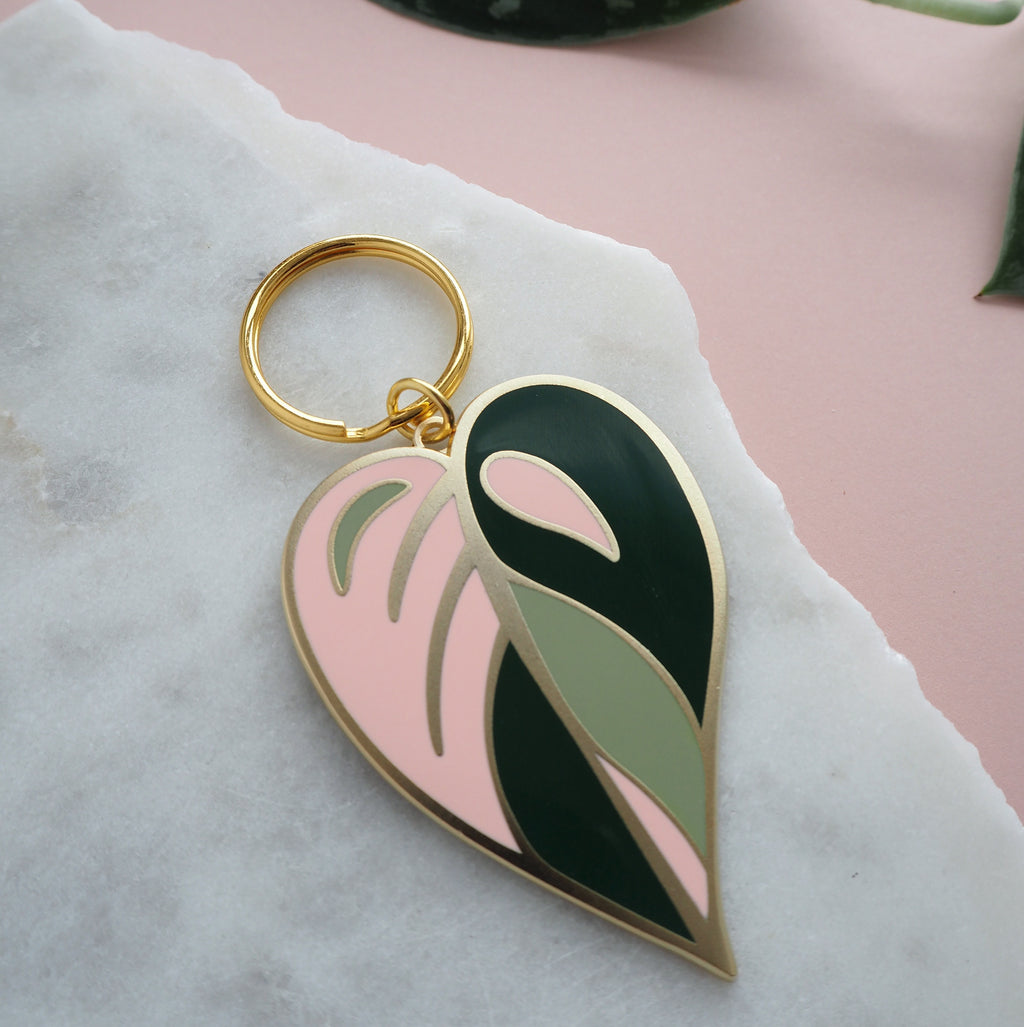 Pink Leaf Enamel Keyring