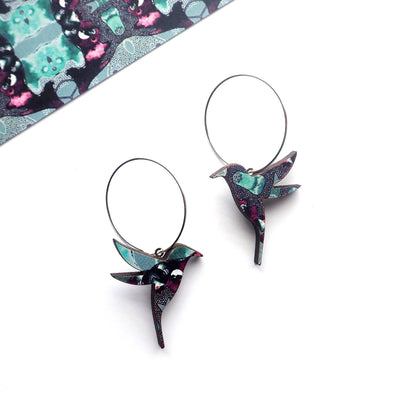 Blue & Purple Hummingbird Hoop Earrings