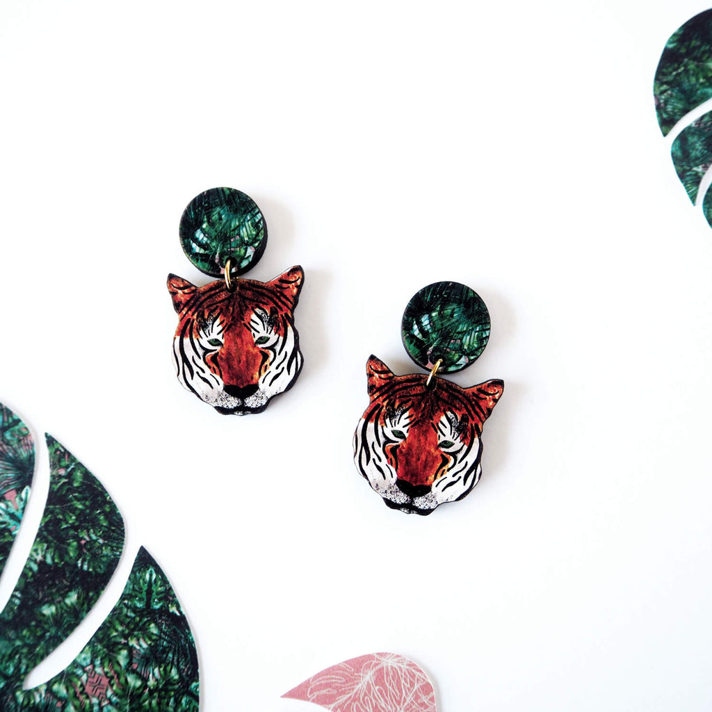 Statement Tiger Drop Dangle Stud Earrings