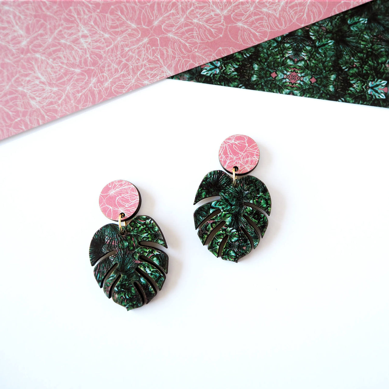 Monstera House Plant Drop Stud Earrings