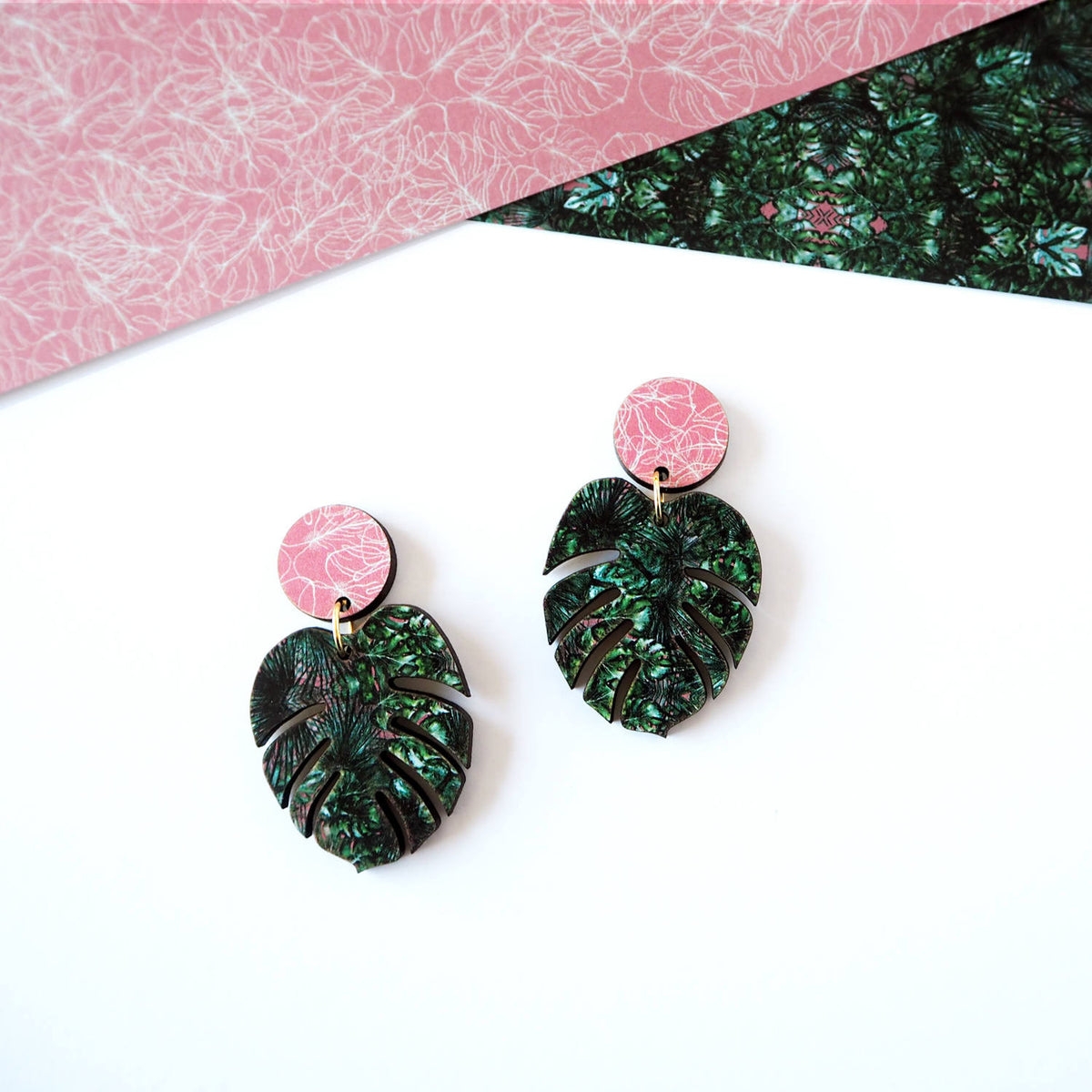 Monstera House Plant Drop Stud Earrings