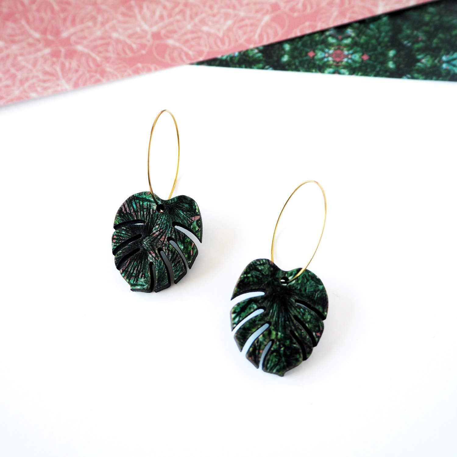 monstera plant earrings Green Monstera Plant Hoop Earrings