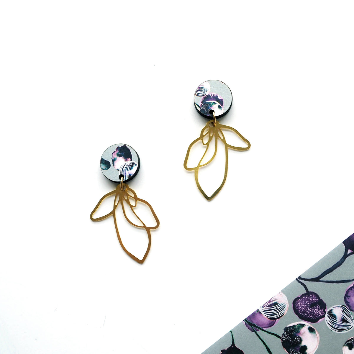 Gold Flower Petal Drop Earrings - Blue