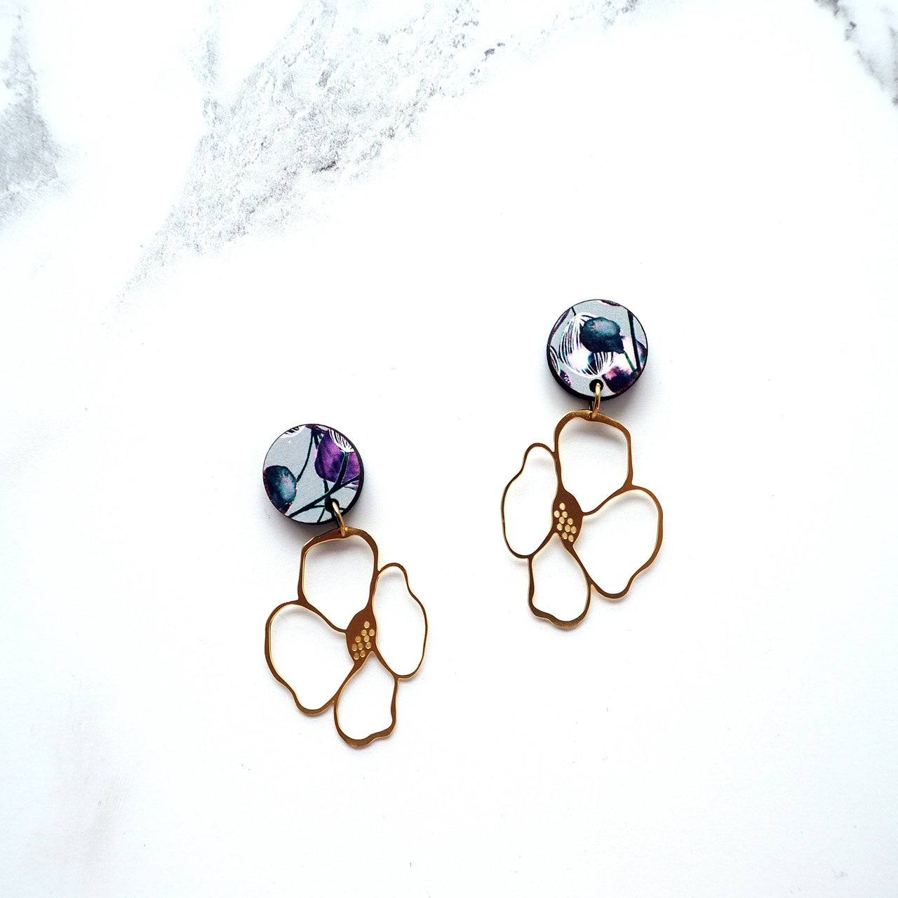 Statement Gold & Blue Flower Drop Earrings