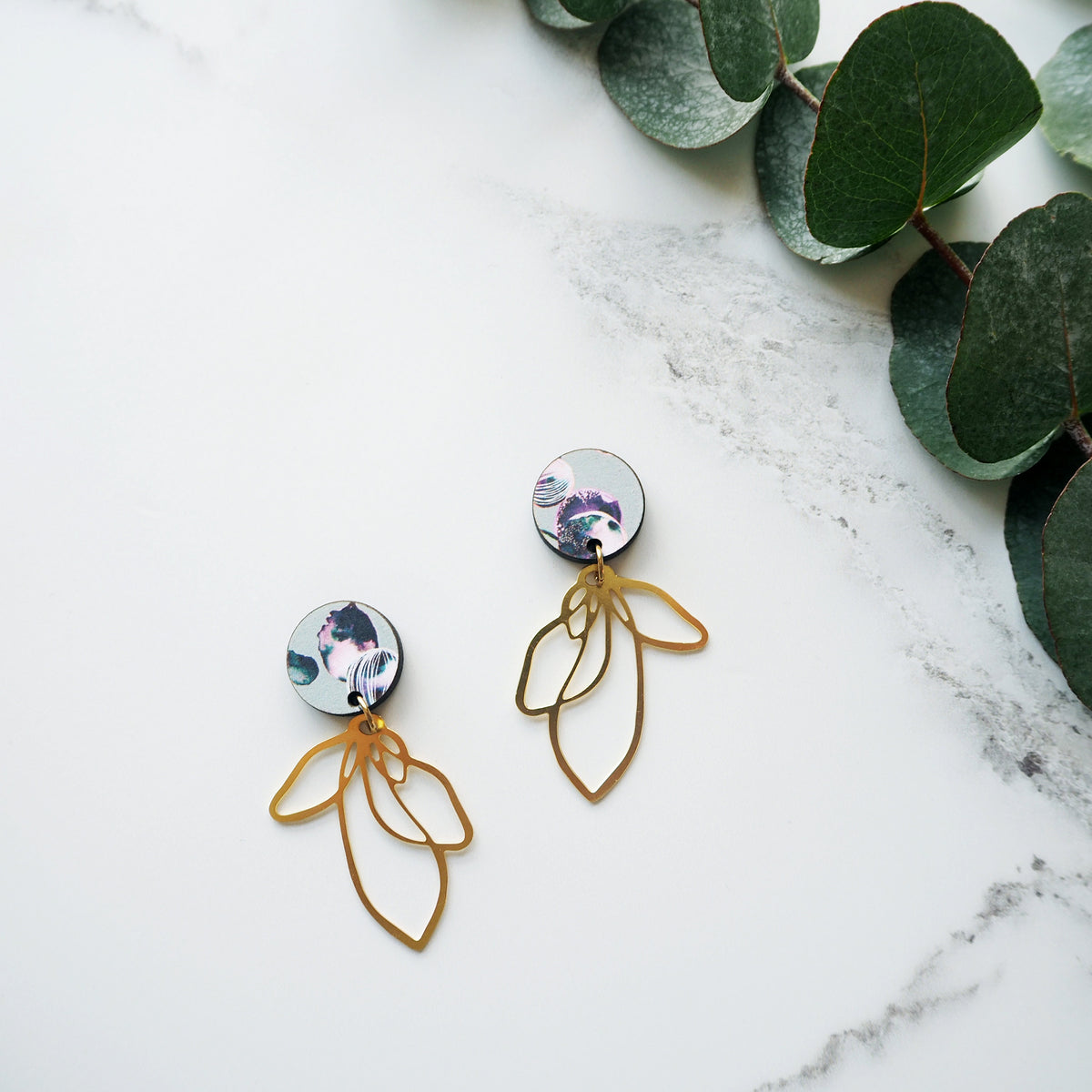 Gold Flower Petal Drop Earrings - Blue