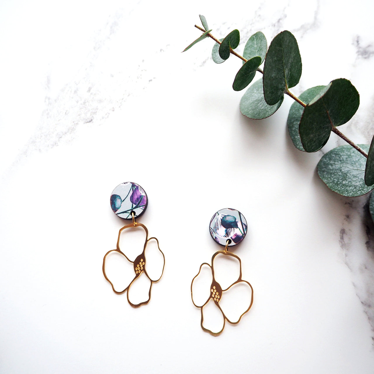 Statement Gold & Blue Flower Drop Earrings