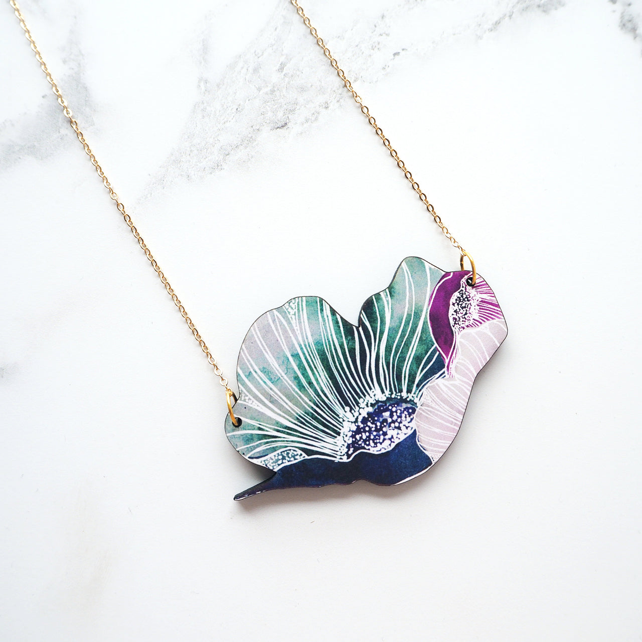 Blue Flower Necklace - Botanical Anemone Floral Pendant