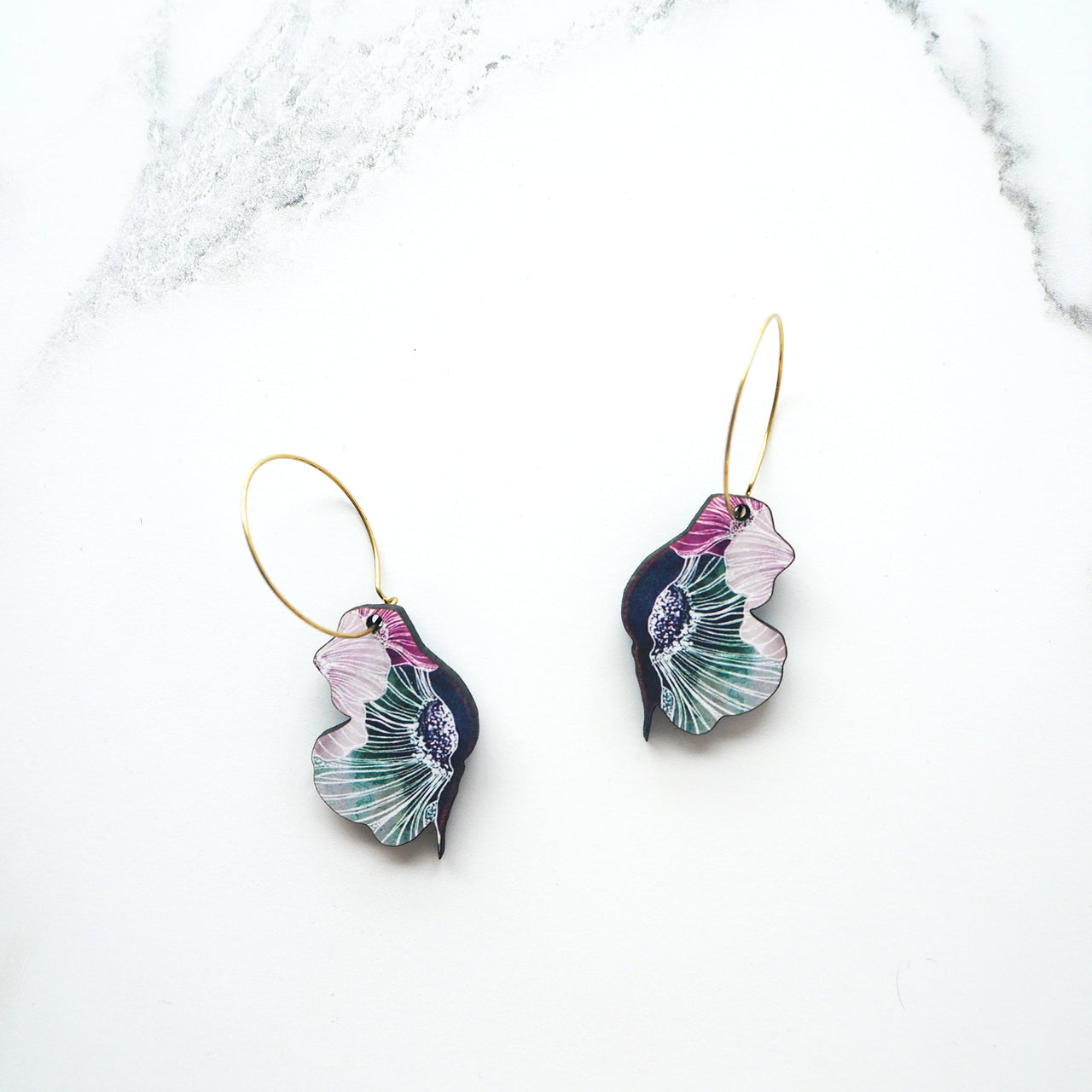 Anemone Flower Hoop Earrings - Blue