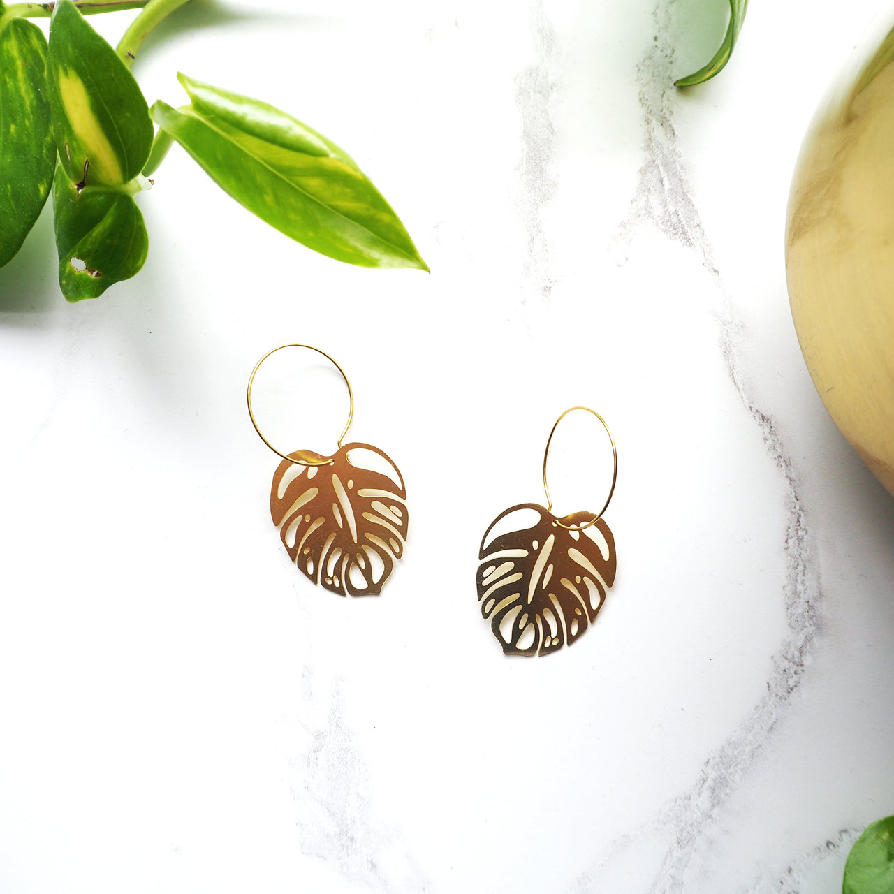 Gold Monstera Cheese Plant Hoop Earrings