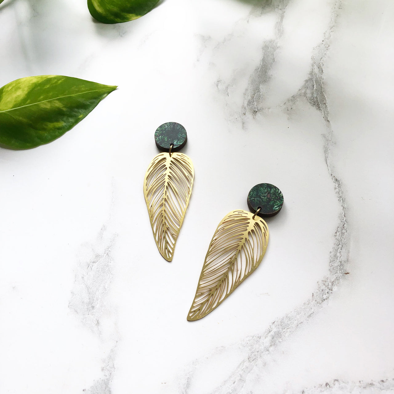 Gold Leaf Drop Earrings - House Plant Stud Earrings