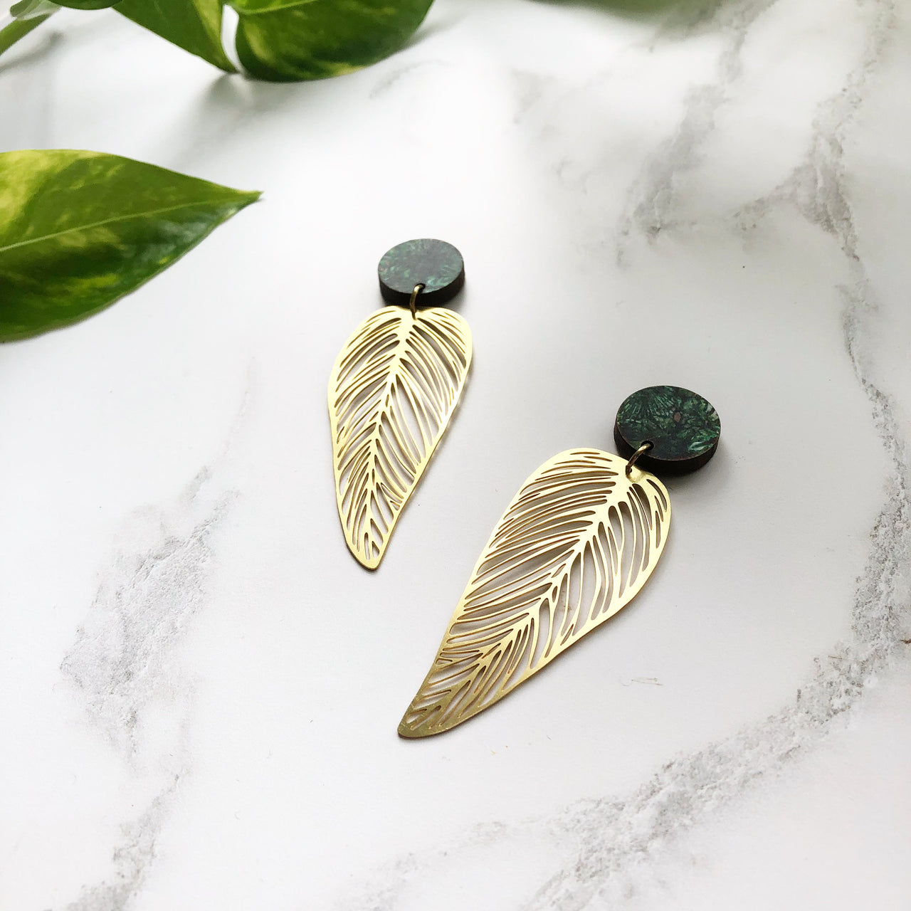 Gold Leaf Drop Earrings - House Plant Stud Earrings
