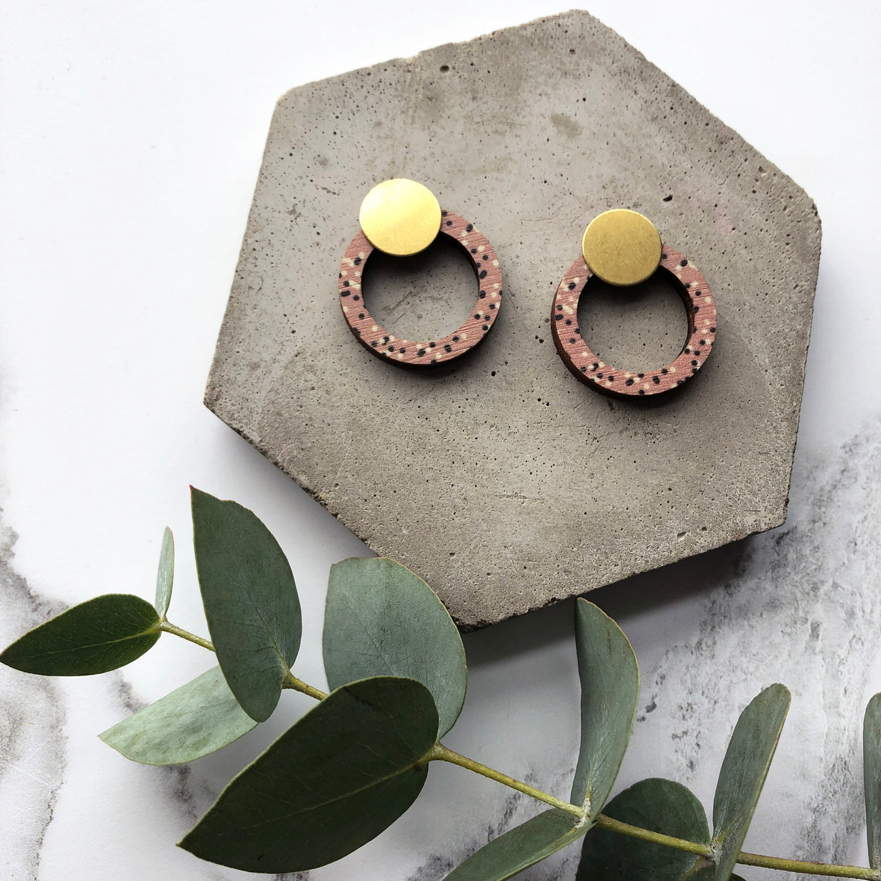 Minimal Pink & Brass Ring Stud Earrings