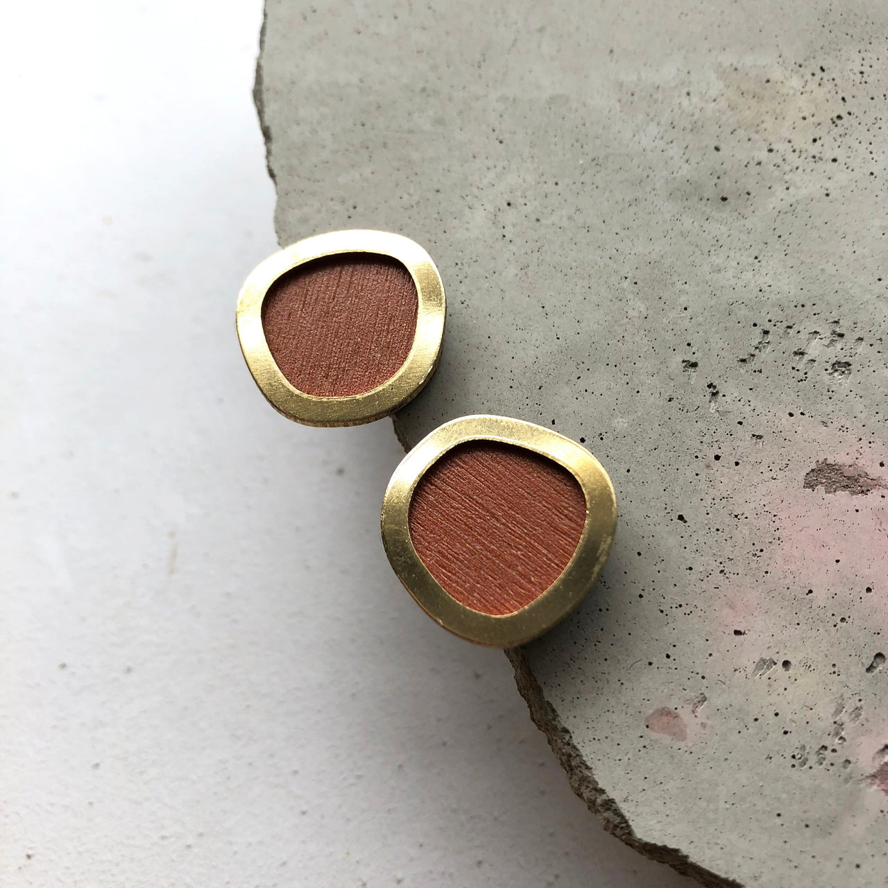 Burnt Orange & Brass Minimal Round Stud Earrings