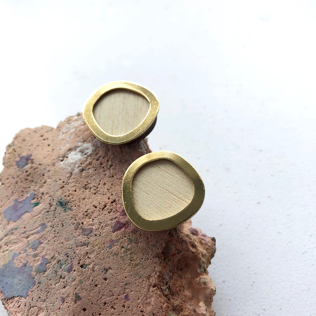 Geometric Circle Stud Earrings - Cream & Brass