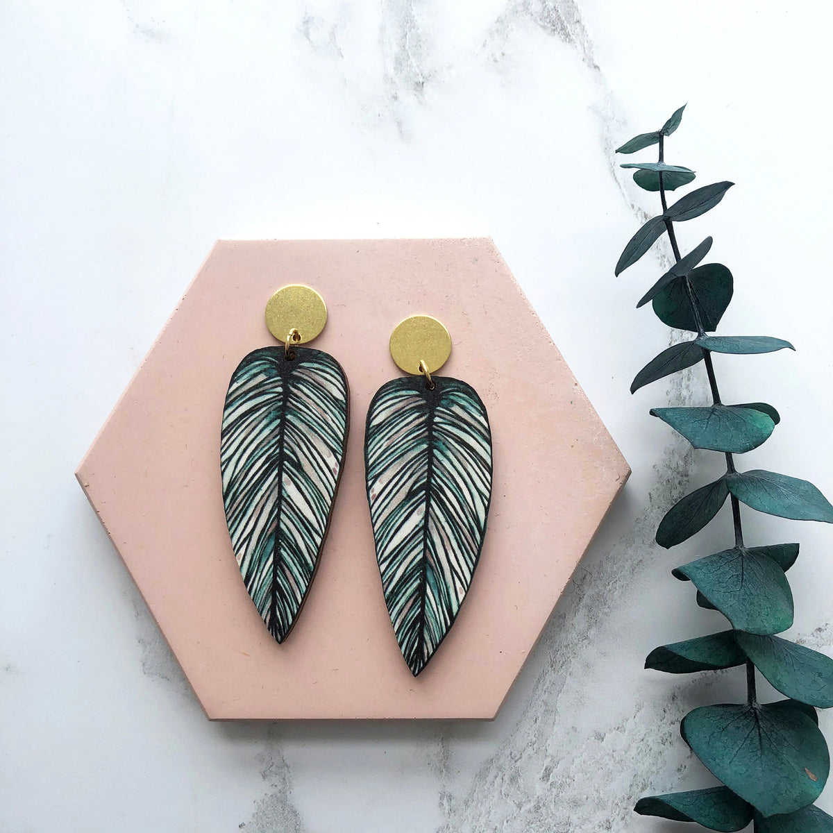Tropical Statement Leaf Earrings - Calathea Whitesar