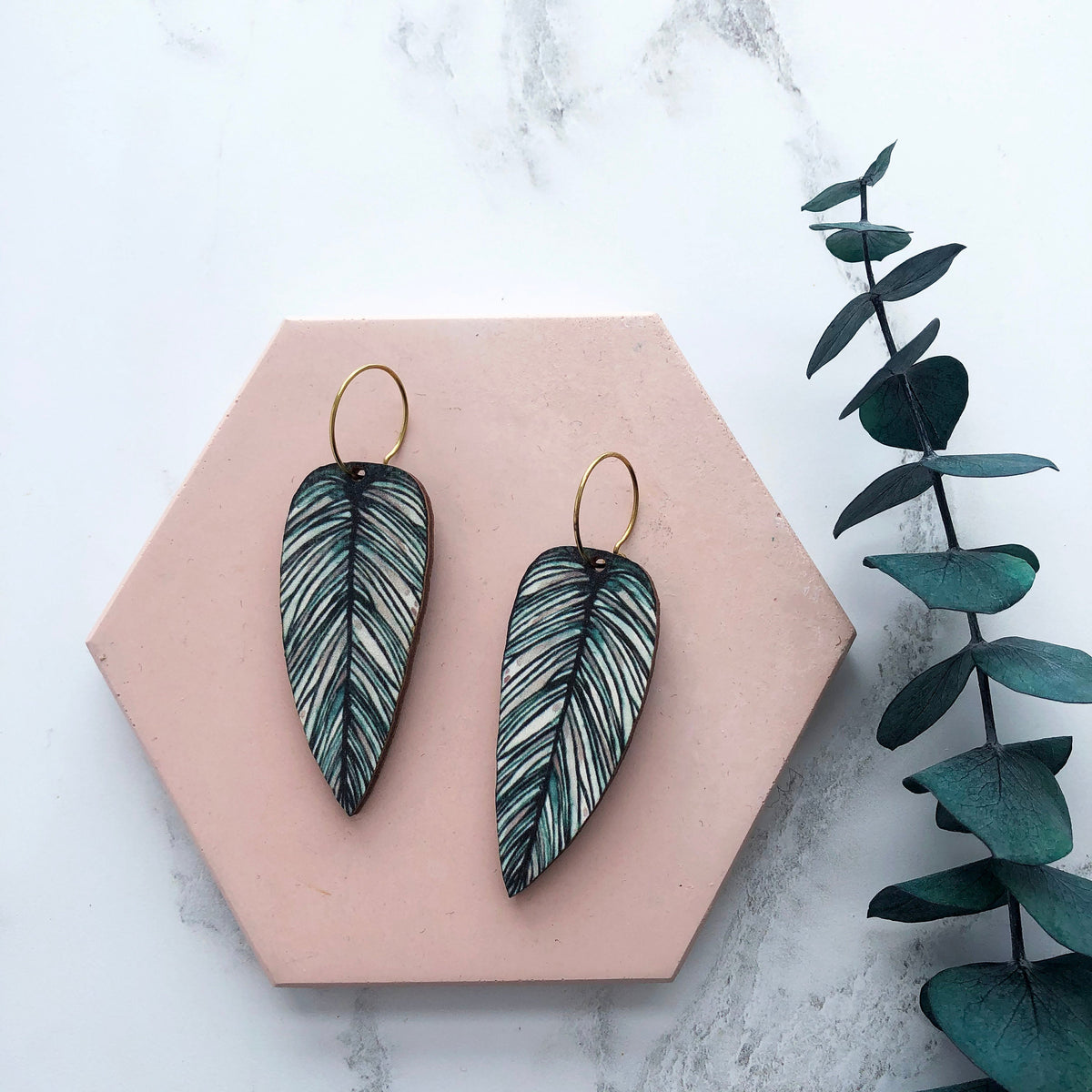 Tropical Hoop Leaf Earrings - Calathea Whitesar Earrings