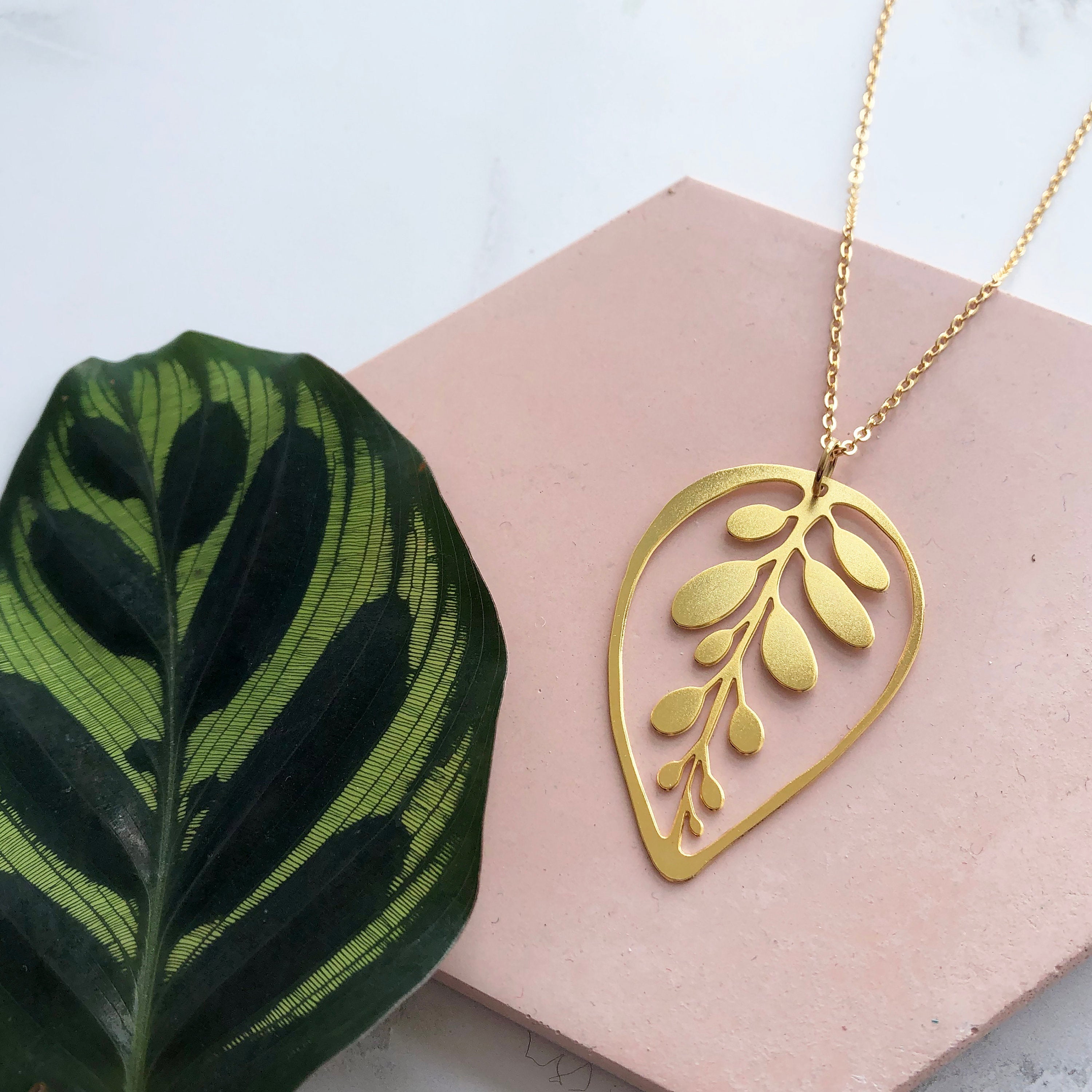 Gold Calathea Leaf Necklace - House Plant Jewellery – Mica Peet