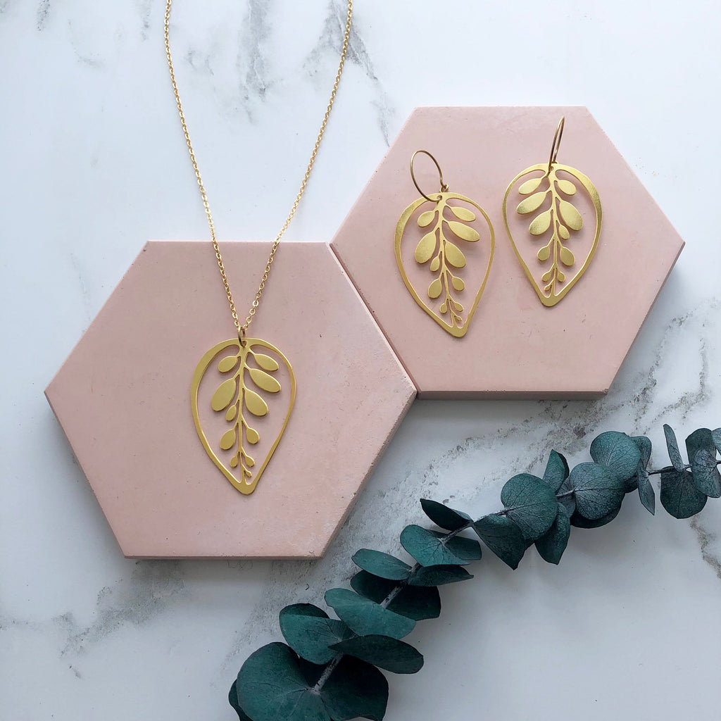 Gold Leaf Hoop Earrings - Calathea Makoyana Earrings