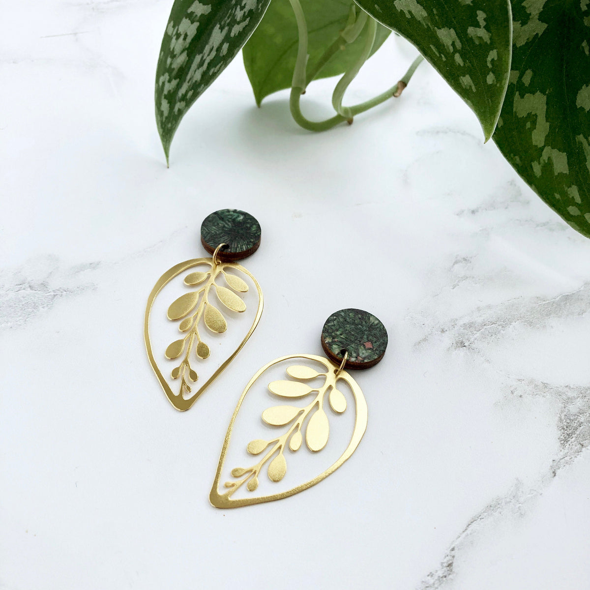 Gold Calathea Makoyana Leaf Drop Studs