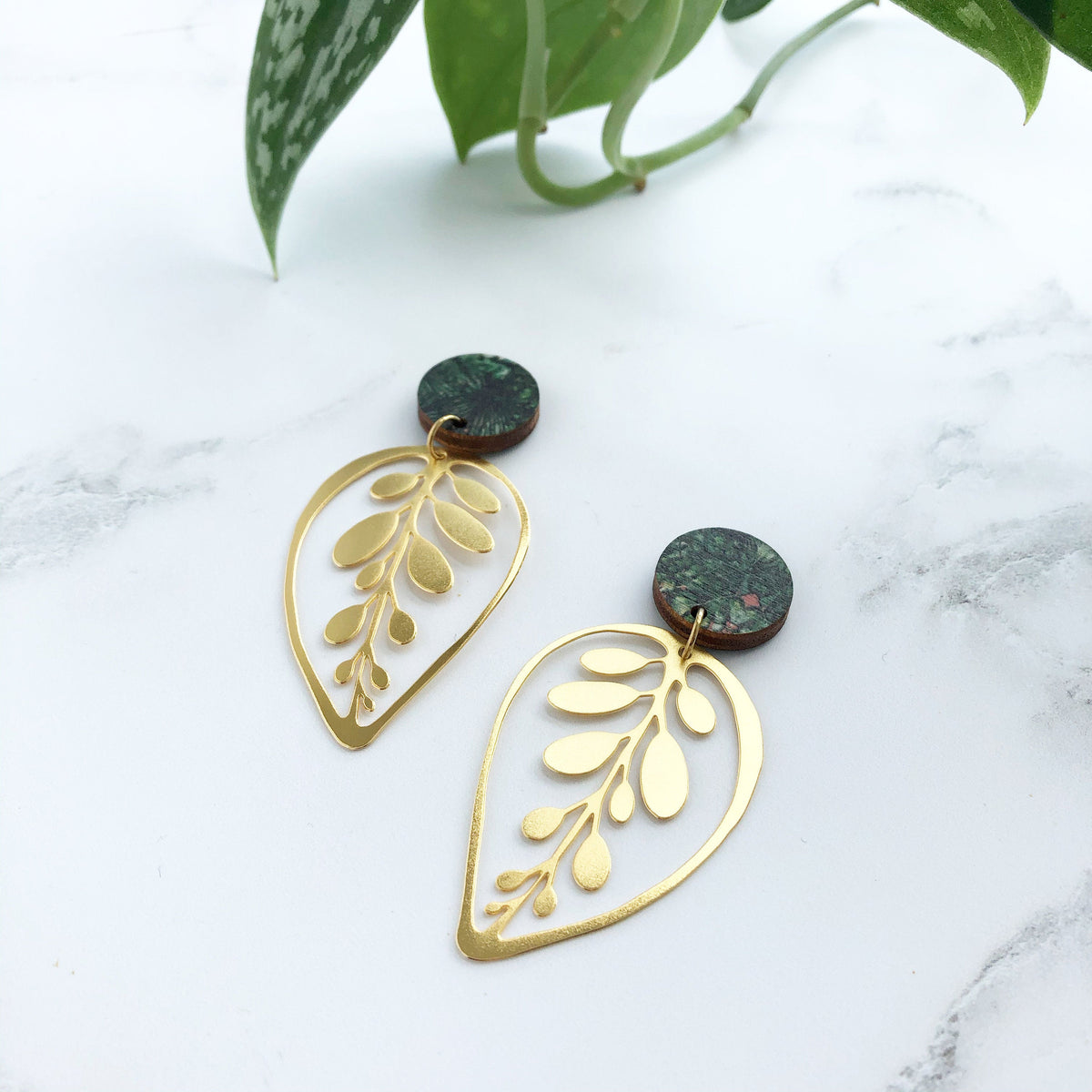 Gold Calathea Makoyana Leaf Drop Studs
