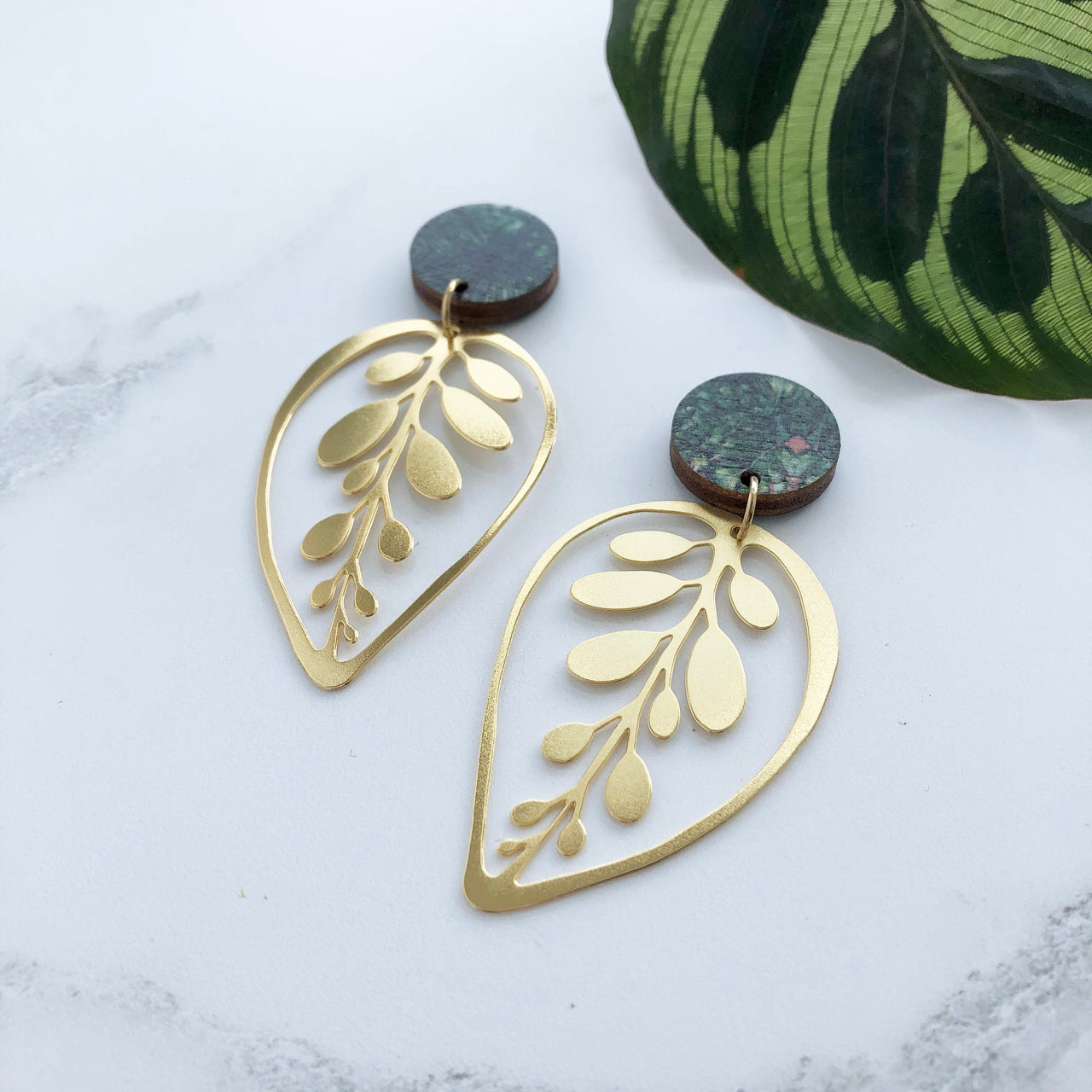 Gold Calathea Makoyana Leaf Drop Studs