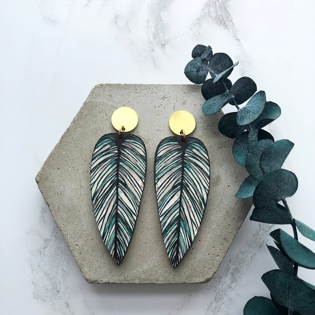 Tropical Statement Leaf Earrings - Calathea Whitesar