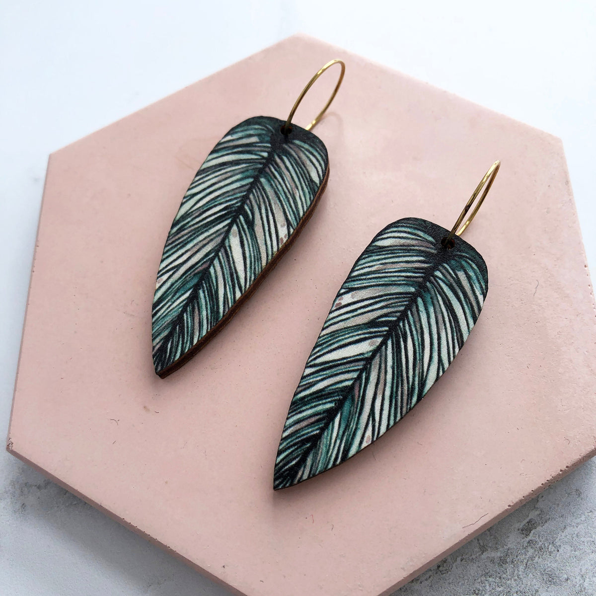 Tropical Hoop Leaf Earrings - Calathea Whitesar Earrings