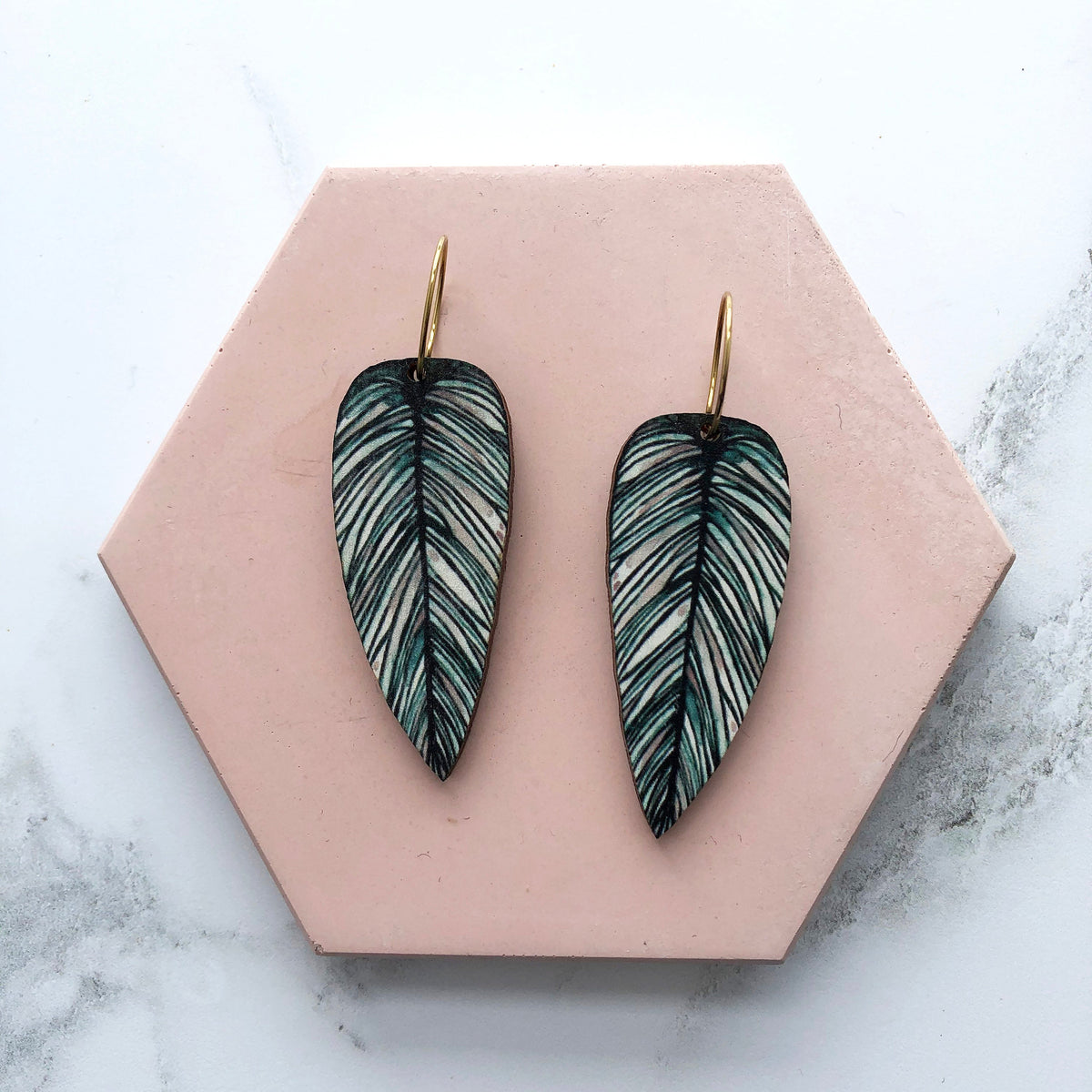 Tropical Hoop Leaf Earrings - Calathea Whitesar Earrings