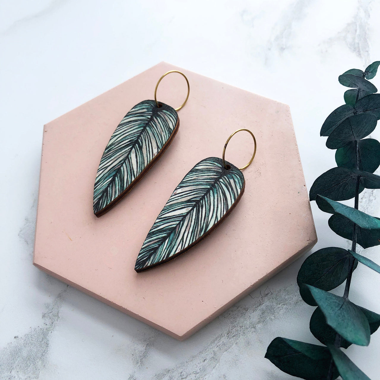 Tropical Hoop Leaf Earrings - Calathea Whitesar Earrings