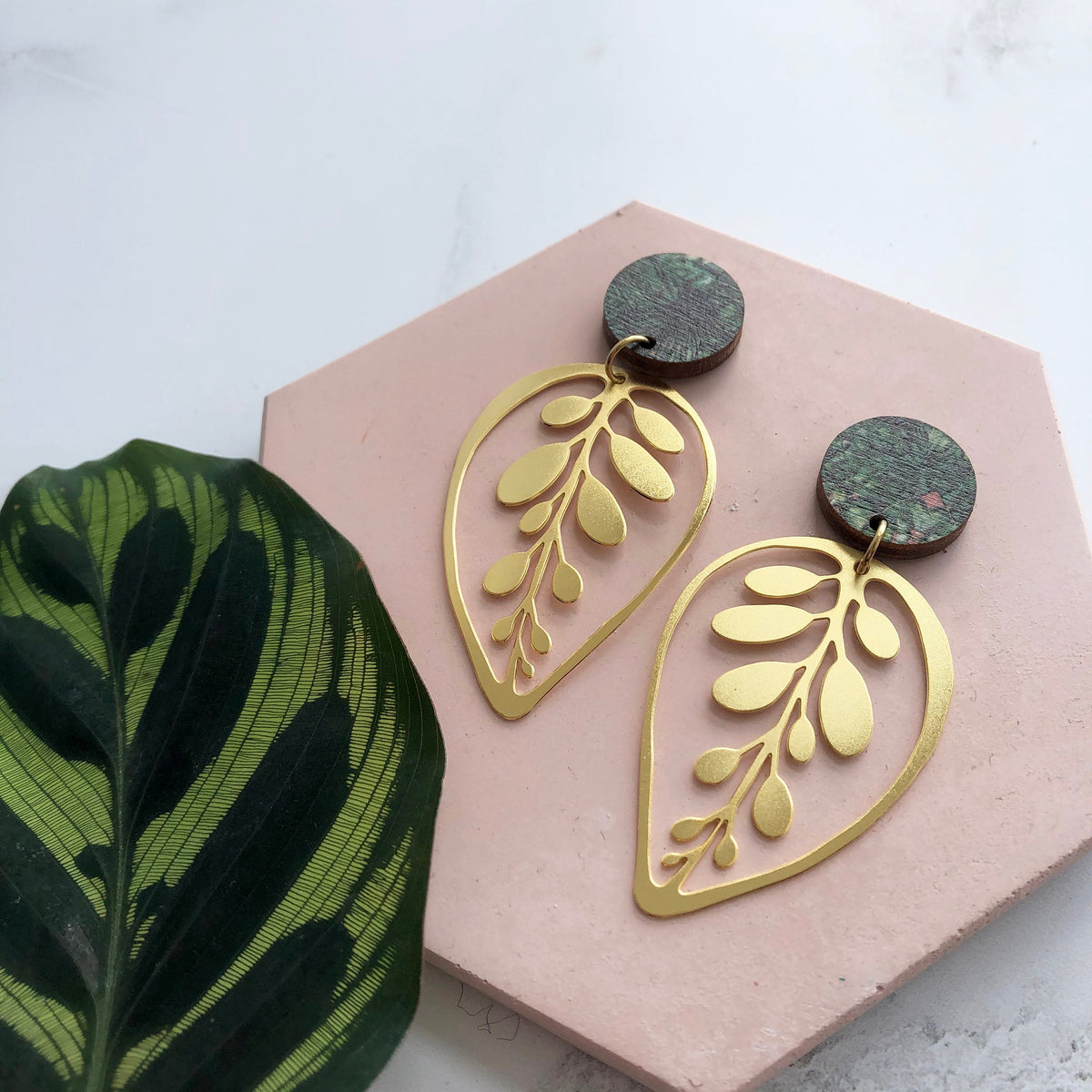 Gold Calathea Makoyana Leaf Drop Studs
