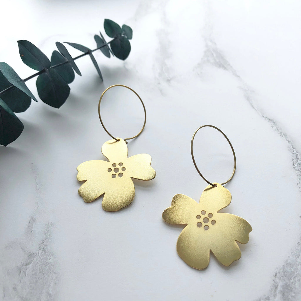 Gold Flower Blossom Hoop Earrings