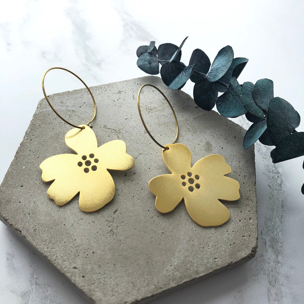Gold Flower Blossom Hoop Earrings