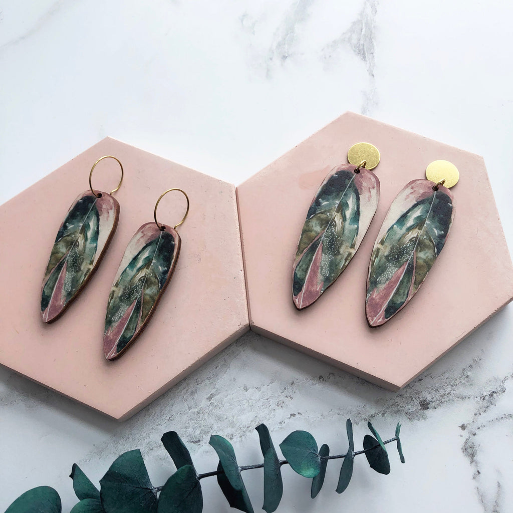 Calathea Stromanthe Triostar Pink Leaf Earrings