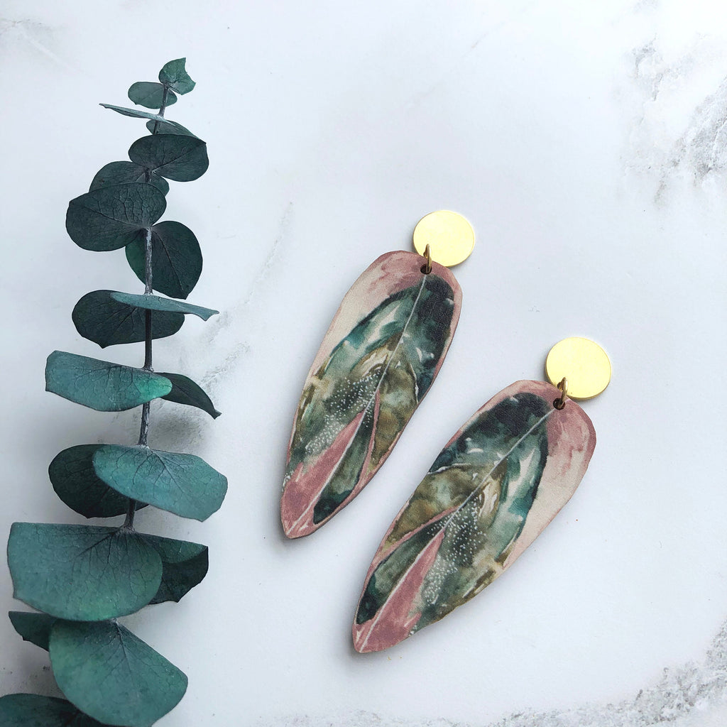 Calathea Stromanthe Triostar Pink Leaf Earrings