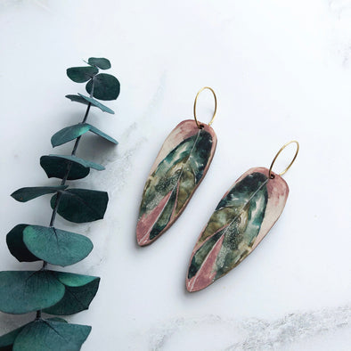 Pink Leaf Hoop Earrings - Calathea Stromanthe Triostar